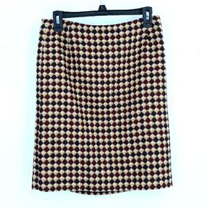 Vtg 80 Eddie Bauer Wool Diamond Harley Quinn Plaid Pencil Skirt Maroon Tan Sz M
